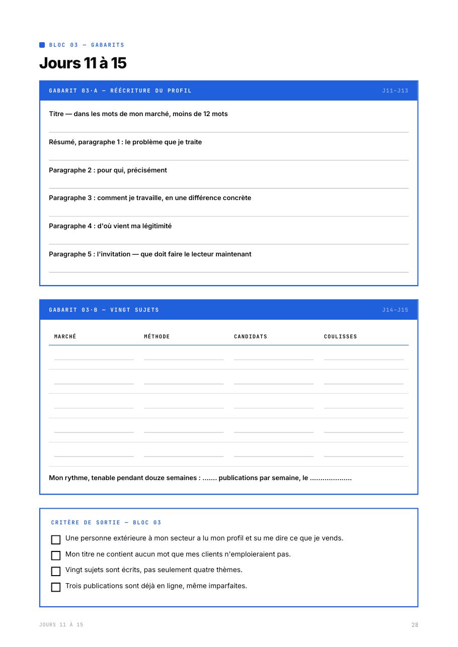 Gabarits de réécriture du profil et de vingt sujets de contenu