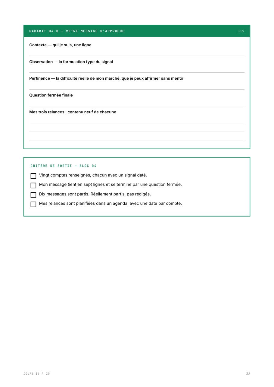 Gabarit 04·B — message d'approche et plan de relances